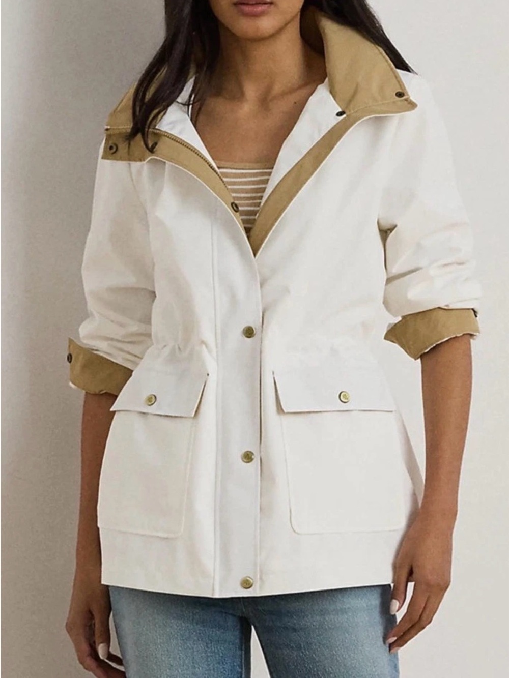 Lauren Ralph Lauren Women’s Hooded Contrast Trim Windbreaker White Sz L NWT